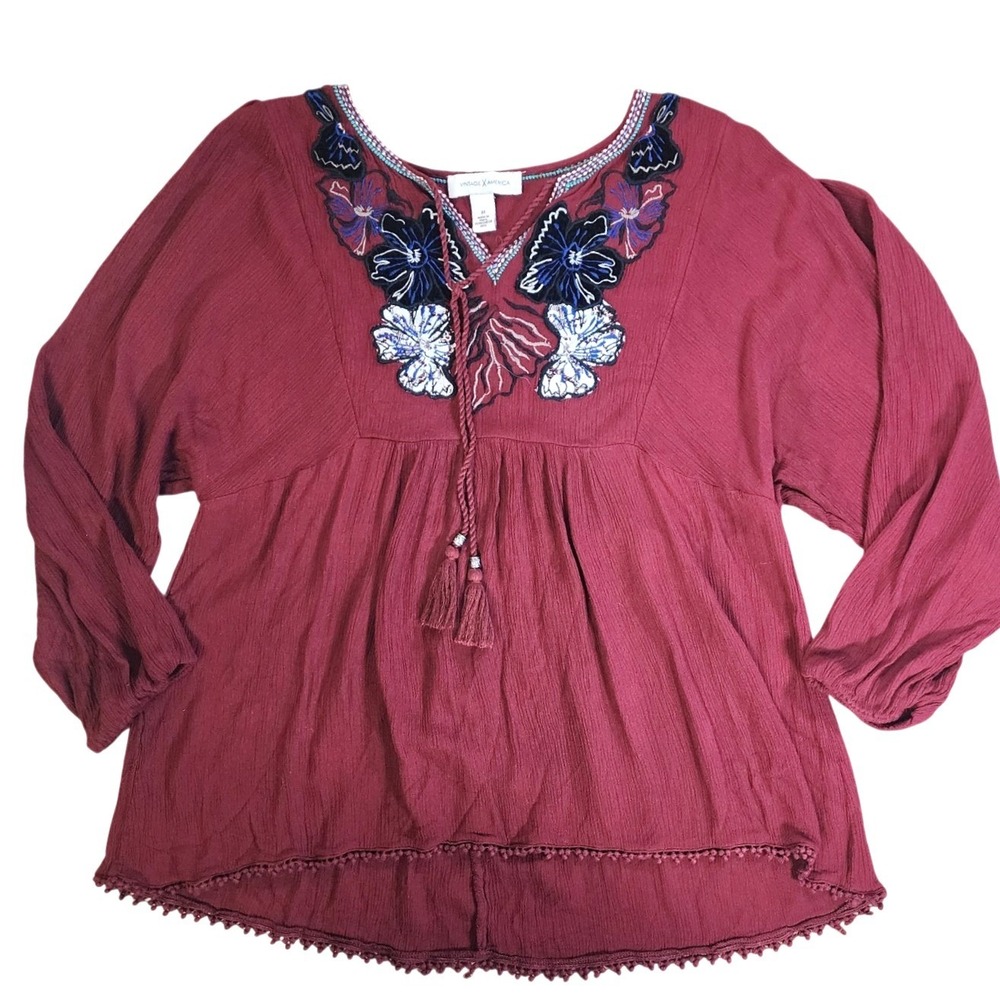 Vintage America Burgundy Embroidered Tassel Boho Tunic Top Women's Size Medium